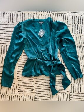Express Emerald Satin Wrap Blouse with Side Tie